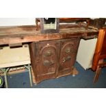 A 19TH CENTURY WITHERS AND SON TWO DOOR SAFE, with a later added pine bench top and vice, width of