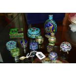A COLLECTION OF TWELVE MODERN INDIAN SILVER CLOISONNE PILL BOXES, TRINKET BOXES ETC, and a miniature