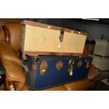 A VINTAGE TRAVELLING TRUNK, together with a vintage painted and metal tool chest (2)