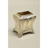 A GEORGE III SILVER TEA CADDY OF BOMBE FORM, chased floral sprays, lacks cover, maker Albertus