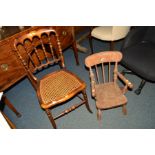 A 20TH CENTURY ELM AND BEECH DOLLS CHAIR, together with an Edwardian cane seated chair (2)