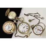 FOUR POCKET WATCHES, to include a floral dialled pocket watch with a female figure at work on the