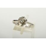 AN 18CT WHITE GOLD SINGLE STONE DIAMOND RING, the brilliant cut diamond within a petal style