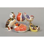 FIVE ROYAL CROWN DERBY PAPERWEIGHTS, 'Robin' (gold stopper, marked to base), 'Puffin' (gold