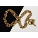 A LATE VICTORIAN 9CT GOLD GUARD CHAIN, the fancy double belcher link chain with lobster claw