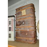 A VINTAGE WOODEN BANDED TRAVELLING TRUNK