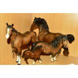 FOUR BESWICK BROWN HORSES/FOAL, to include cantering Shire No.975, Shetland Pony No.1033, Shetland
