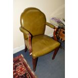 A REPRODUCTION MAHOGANY FRAMED OLIVE GREEN LEATHER ARMCHAIR