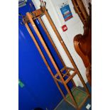 A GOLDEN OAK SQUARE TAPERED HAT/COAT STAND with tin insert