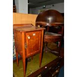 AN EDWARDIAN MAHOGANY AND INLAID POT CUPBOARD, together with a Georgian mahogany corner washstand