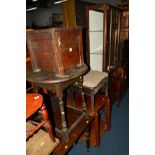 THREE VARIOUS OCCASIONAL TABLES, walnut single door display cabinet, tea trolley, oak coal box and a