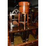 A PAIR OF EARLY 20TH CENTURY OAK HALL CHAIRS, (losses), an oak coopered and brass planter on