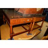 A PAIR OF REPRODUCTION BURR WALNUT OCCASIONAL TABLES, with single drawers and turned legs united