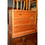 AN EDWARDIAN PITCH PINE CHEST OF THREE LONG DRAWERS, width 95cm x depth 46cm x height 80cm