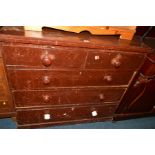 A VICTORIAN STAINED PINE CHEST of two short and three long drawers, width 104cm x depth 49cm x