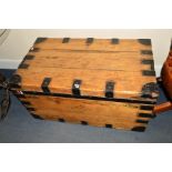 A 19TH CENTURY PINE AND STEEL BANDED BLANKET CHEST, width 91cm x depth 54cm x height 49cm (s.d.)