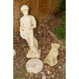 A COMPOSITE GARDEN STATUE OF A STANDING NUDE MALE together with a composite English bulldog garden