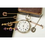 A SELECTION OF LATE 19TH TO EARLY 20TH CENTURY JEWELLERY AND A POCKET WATCH, to include gold