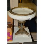 A VICTORIAN STYLE CENTREPIECE, bronzed rim above circular crackled glazed ceramic bowl, on a bronzed