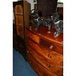 A TALL VICTORIAN FLAME MAHOGANY BOW FRONT CHEST OF TWO SHORT AND THREE LONG DRAWERS, with turned