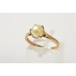 A 9CT GOLD CULTURED PEARL SINGLE STONE RING, cultured pearl measuring approximately 7.00mm in