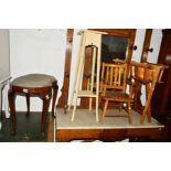A VICTORIAN MAHOGANY KIDNEY SHAPED DRESSING STOOL, a directors chair, a child's chair, a painted