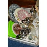 A BOX AND LOOSE SUNDRY ITEMS, to include Viners four piece tea service, glass dressing table