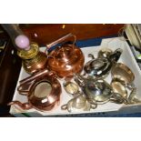 A BOX AND LOOSE METALWARE, to include two three piece plated tea services (Sheffield & Unity), two