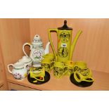 PORTMEIRION 'VELOCIPEDES' PART COFFEE WARES, to include coffee pot, milk jug, sugar bowl, five