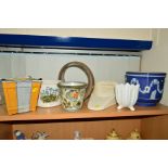 A SMALL GROUP OF JARDINIERES, BED SLIPPER ETC, to include Wedgwood jasperware, height 20cm, Coalport