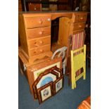 A PINE DRESSING TABLE with eight drawers, together with a vintage deck chair, four various other