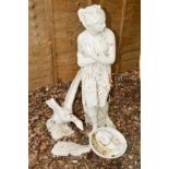 A WHITE PAINTED COMPOSITE STATUE OF A STANDING SEMI CLAD LADY, together with a garden figure of a