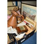 A BOX AND LOOSE SUNDRY ITEMS, to include an Elliot clock (Garrad & Co Ltd), a brass trivet, copper