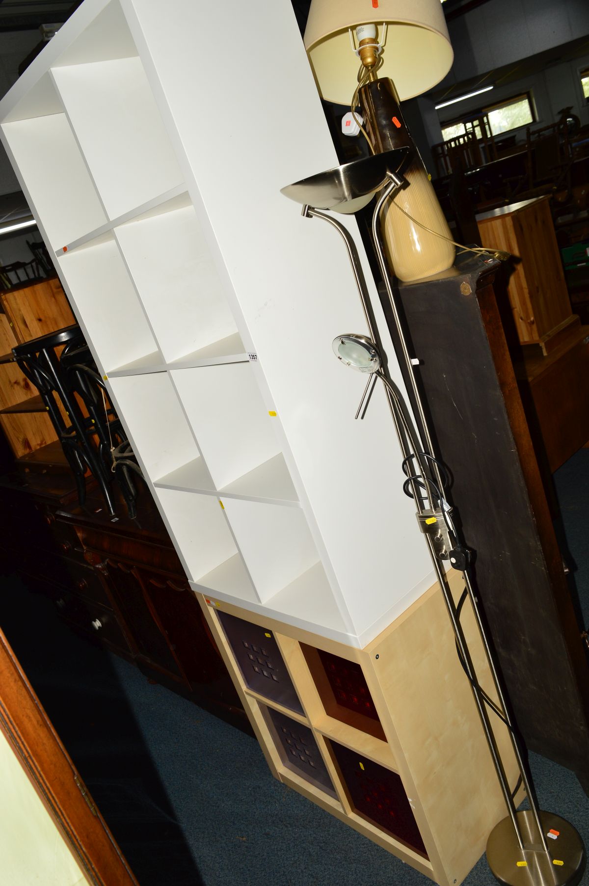 A MODERN BEECH STORAGE UNIT with four perspex boxes, together with an open shelving unit, table lamp - Image 2 of 3