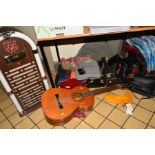 TWO BOXES AND LOOSE SUNDRY ITEMS, to include handbags, sandals, clothes, 'Valencia' guitar,