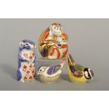 FOUR ROYAL CROWN DERBY SECONDS PAPERWEIGHTS, 'Blue Tit', 'Goldcrest', 'Chipmonk' and 'Monkey and