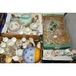 THREE BOXES AND LOOSE CERAMICS, GLASS ETC, to include two Nao figures 'Gentle Breeze' No.1158 and