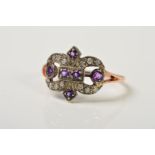 AN AMETHYST AND DIAMOND DRESS RING, of openwork fleur-de-lis style design, set with amethysts and