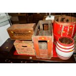 A COLLECTION OF WOODEN ITEMS, to include four bottle crates, Georgian mahogany jewellery chest,