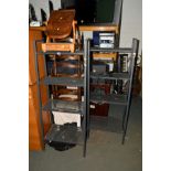 TWO MATCHING METAL SHELVING UNITS, together with a Victorian pine swing mirror (3)