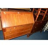 A MAHOGANY FALL FRONT BUREAU with three drawers, an oak chest of three drawers, an oak two door unit