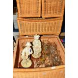 FIVE WICKER BASKETS/DRAWERS, containing two boxed Leonardo collection figures and various glasses