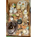 A BOX OF CERAMICS, PLATED ENTREE DISH, etc, to include Minton Hollins Co 'Romeo & Juliet' tile,