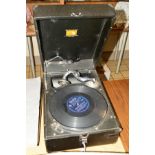 A VINTAGE HMV TABLE TOP GRAMAPHONE, black case, with winding handle fitted