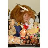 A BOX OF LOOSE SOFT TOYS, to include Hansa 'Yak', approximate length 70cm, Steiff limited edition '