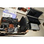 A TRAY OF CAMERAS, TWO LAPTOPS, a Kodak Picture Mate 100, a ION PIC SD Slide Printer and a Canon