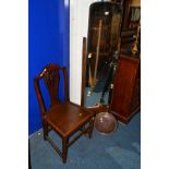 AN EDWARDIAN OAK CHEVAL MIRROR, together with a Georgian chair and a warming pan (3)