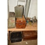 TWO VARIOUS SIZED TIN TRUNKS, another tin trunk, deed box, sewing machine case, two wire metal