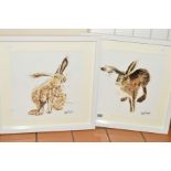 A PAIR OF SIGNED PRINTS, featuring Hares, mounted framed and glazed, approximately 29cm x 29cm (2)