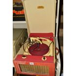 A RUCO CLARITYGRAM VINTAGE RECORD PLAYER, with two tone pink and grey Tolex case and a Collard